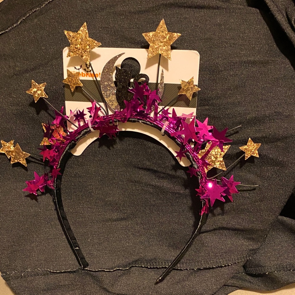 Gold and purple Star Halloween Headband with black cat.